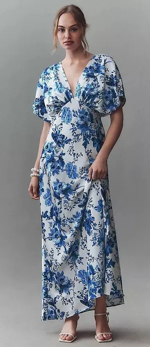 NEW BHLDN Leila Deep-V Flutter Sleeve Maxi Dress in Blue Floral Size 12 thumbnail 1