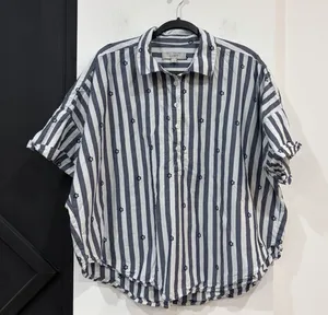 LOFT Clip Henley Dolman Striped Everyday Button Up Tunic Blouse Large Embroidery thumbnail 1