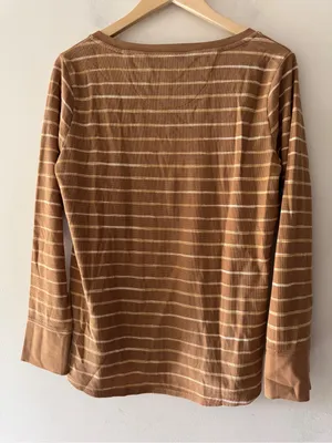 L.L. Bean Brown Stripe Henley Waffle Long Sleeve Top‎ thumbnail 4
