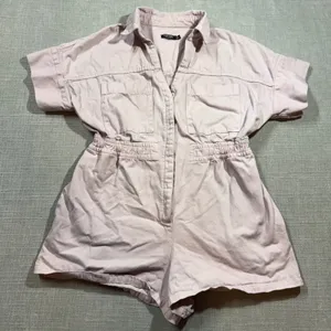 Nasty Gal Pink Denim Romper Utility Boiler Suit Shorts US‎ 12 Large Short Sleeve thumbnail 1