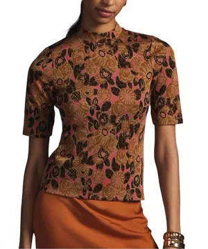 Anthropologie Maeve Floral Knit Top Mock Neck M 🌸🤎✨ thumbnail 1