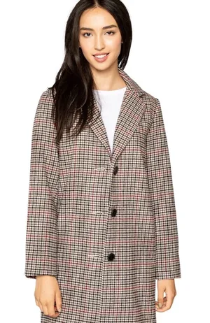 Velvet by Graham & Spencer Wool Blend Houndstooth Trench Coat Black White Pink thumbnail 1