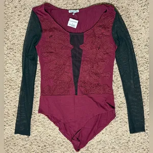 Charlotte Russe Maroon/ Burgundy and Black Lace Bodysuit Size Small thumbnail 1