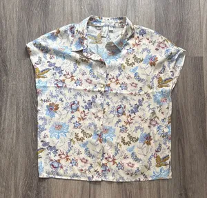 Joie Cream and Blue Floral Blouse Medium Button Down Satin Top thumbnail 1