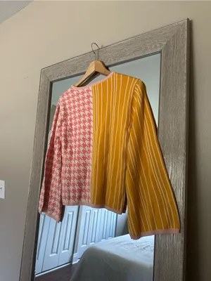 Dolan Anthropologie Flare Sleeve Sweater Pink Houndstooth Yellow Stripe Size XS thumbnail 4