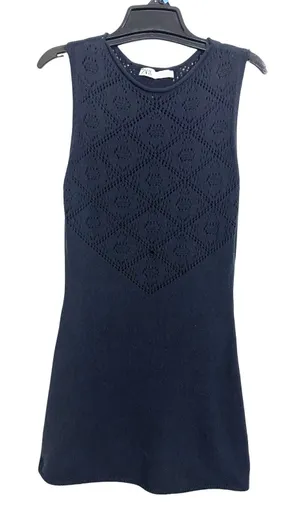 Zara Navy Blue Pointelle Knit Sleeveless Sweater Dress M Holiday Party Boho thumbnail 1
