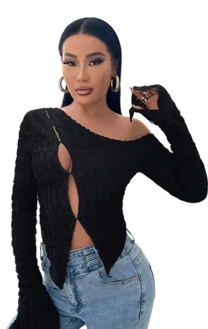 Long Sleeve Asymmetrical Top Black thumbnail 1