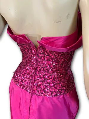 Vintage 1980'S Hot Pink Mike Benet Strapless Satin & Rhinestone Formal Dress (Xs thumbnail 8