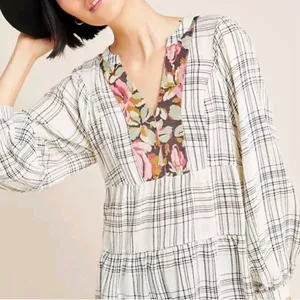 by Anthropologie Black/White Darlene Plaid Peasant Blouse thumbnail 1
