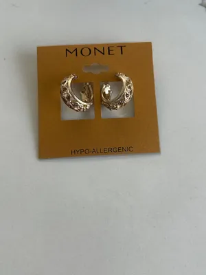 Monet yellow gold-tone crescent hoop earrings Hypoallergenic NEW thumbnail 3