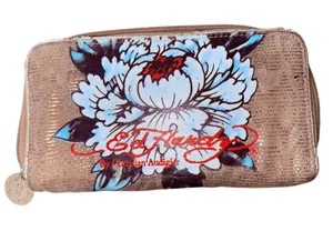 Ed Hardy gold Tattoo Art Water Lily flower Peace Bird Distress Wallet Clutch Bag thumbnail 1
