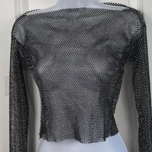 Akira Women's Black Glitter Mesh Metal Rhinestone Long Sleeve S/M Glam Y2K Party thumbnail 3