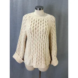 J.Crew Cream Openwork Cable Knit Cotton Sweater Bell Sleeve Large thumbnail 8