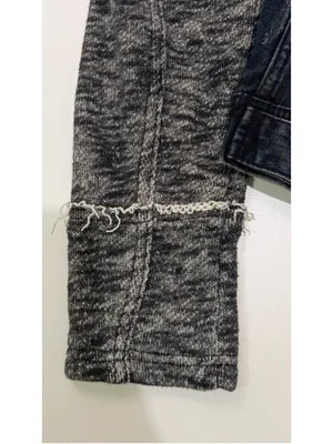 Free People Denim Knit Sleeve Hooded Jacket Distressed Dark Wash h thumbnail 6