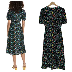 STAUD Milla Puff-Sleeve Midi-Dress - Black Abstract Wave - 4 thumbnail 3