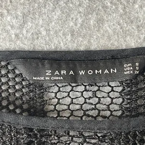 Zara Woman Black Mesh Panel Cropped Boxy Top Short‎ Sleeve Boat Neck Small thumbnail 3