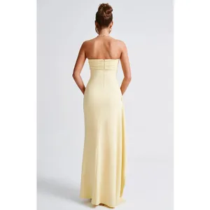 NWT Babyboo Zafira Lemon Yellow Ruched High Slit Draped Maxi Dress Womens Size L thumbnail 3