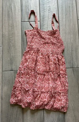 Smocked Tiered Mini Dress in Dusty Rose Print thumbnail 1