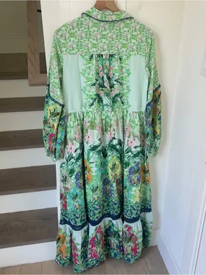 By Anthropologie Long-Sleeve Printed Maxi Shirt Dress in Green thumbnail 5