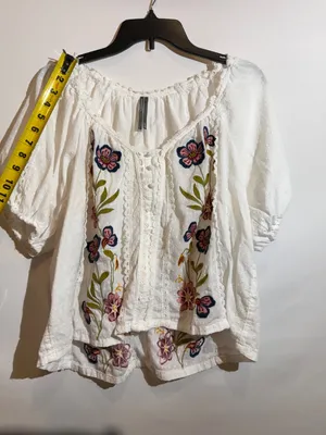 Anthropologie Embroidered Puff Sleeve Swing Floral Blouse Boho Cotton Top Size M thumbnail 4
