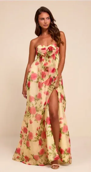 Lulus Ember Light Yellow Floral Organza Strapless Maxi Dress thumbnail 1