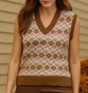 Wild Fable Brown/Pink V-Neck Argyle Sweater Vest thumbnail 1