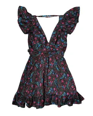 $232 Anthropologie Sabina Musayev S Black Mini Dress Floral Backless Ruffle Pink thumbnail 1