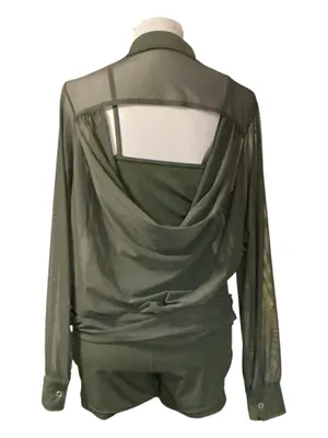 Weissman Olive Green Mesh Button-Down Over-Shirt & Cami Romper Set – Size LA (Large Adult)l thumbnail 2
