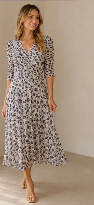 Rebecca Taylor Dress Womens 6 Blue Floral Ruched Fit Flare Midi 3/4 Sleeve thumbnail 1