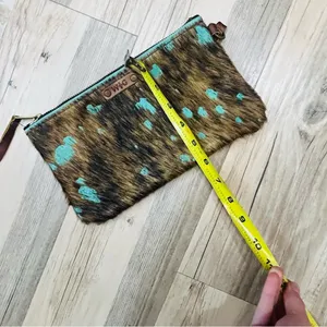 Cowhide Leather Wristlet Clutch W&G Hair Hide Turquoise Acid Wash wristlit purse thumbnail 5