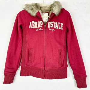 Aeropostale Vintage Y2K Faux Fur Lined Logo Full Zip Hoodie Size Small Maroon thumbnail 1