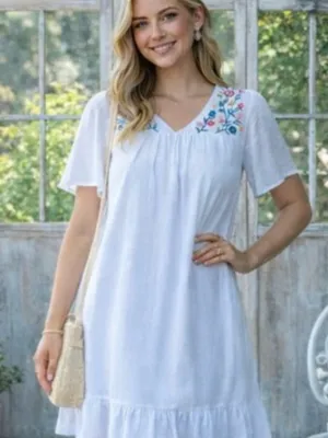New!Cotton Lined White Gauze V-Neck Embroidered Floral Babydoll Dress Size 2X thumbnail 4