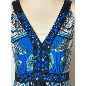 Eci New York Dress Womens 6 Blue And Black Paisley‎ Beaded V Neck Tie Back Maxi thumbnail 8