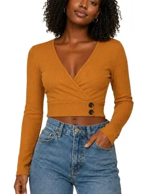 Active USA Ribbed Mustard Wrap Front Soft Crop Top Mustard Y2K Long Sleeve Small thumbnail 1