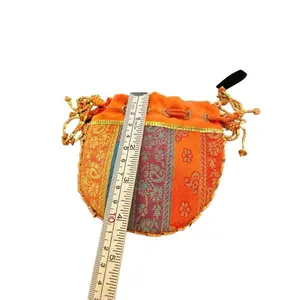 Orange beaded Indian drawstring jewelry/cosmetic pouch - beaded one side - desig thumbnail 9