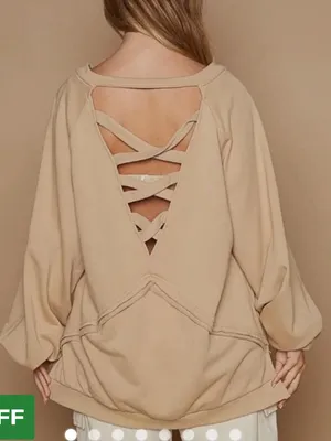 POL French terry pullover sweatshirt crisscross strappy open-back raw hem detail thumbnail 1
