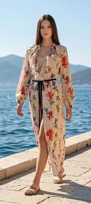 Women's Floral Print Ruffle Long Robe Duster Kimono Beach Cover-Up Tie Belt thumbnail 1