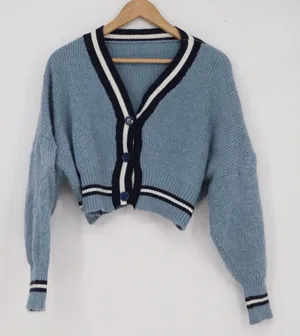 Womens Light Blue Cropped Varsity Cardigan Sweater Striped Trim V-Neck thumbnail 1