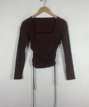 ZARA Brown Square Neck Ruched Stretch Jersey Top With Side Gathering Large thumbnail 2