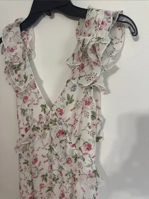 Audrey Parks Floral Ruffle V-Neck Maxi Dress in White with Pink & Green Print thumbnail 4