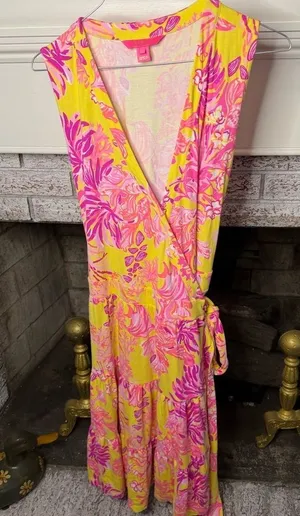 Lilly Pulitzer Folly Wrap Dress XL Calla Yellow Floral Coral Sleeveless Resort thumbnail 1