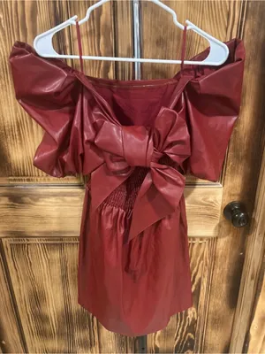 Anthropologie Red Faux-Leather Puff-Sleeve Mini Dress with Bow thumbnail 7