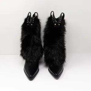 NEW Azalea Wang Violetta Faux Vegan Fur Pull On Western Heel Boots Shoes Black 7 thumbnail 2
