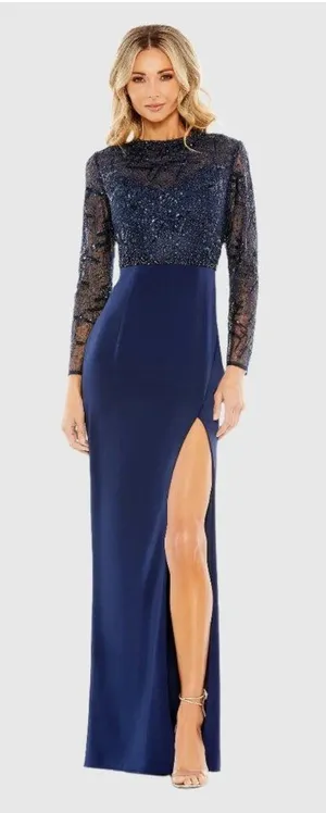 NWT Mac Duggal Size 10 Evening Gown Navy Embellished Thigh High Faux Wrap Formal thumbnail 1