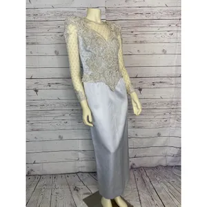 1990s Vintage Ice Blue Beaded Formal Gown Sheer Lace Bodice Custom S-M thumbnail 7