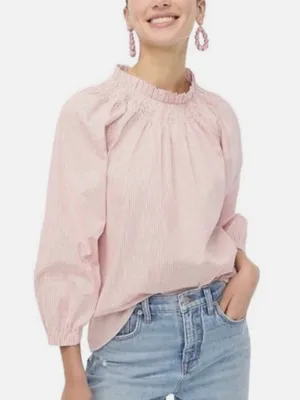 J. Crew Cotton Poplin Smocked Striped Top Pink White thumbnail 1