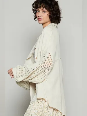 POL Openwork Crochet Lantern Sleeve Cotton Gauze Oversized Button Shirt Jacket thumbnail 12