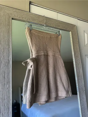 SABO Beige Strapless Knit Tie Mini Sweater Dress 100% Cotton Size XS thumbnail 2