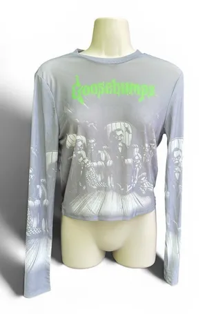 Y2K Horrorcore Goosebumps Slappy Mesh Crop Top Long Sleeve Goth Grunge Size M thumbnail 1