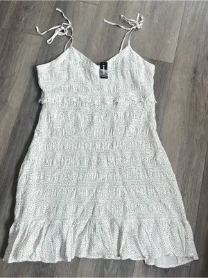 NWT Express White Black Polka Dot Smocked Midi Dress XL Tie Strap thumbnail 1